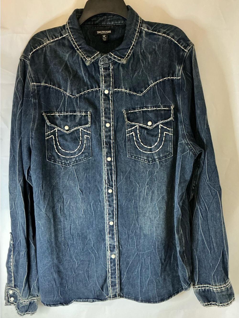 True Religion Western Indigo Denim Snap Shirt with Contrast White Stitching